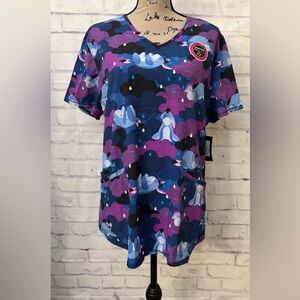 Disney Size Large Eeyore Rain V Neck Scrub Top Winnie The Pooh Purple Blue New